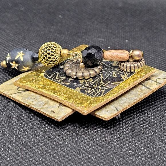 Vintage 80s Black & Gold Iridescent Dangle Brooch Pin – Chic Statement Accessory - Picture 6 of 7